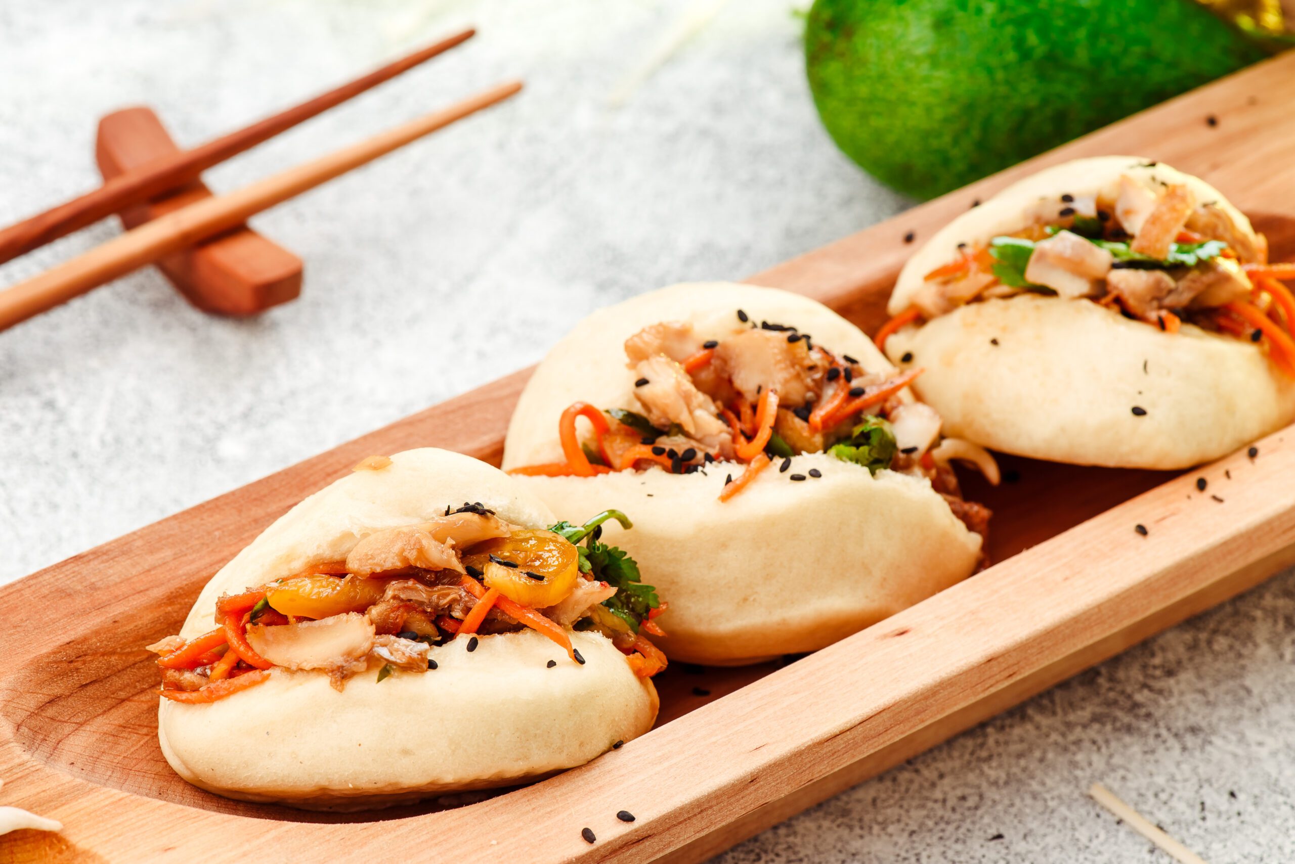 BBQ Pork, Grilled Chicken, Grilled Beef Bao Taco Basil & Sprout